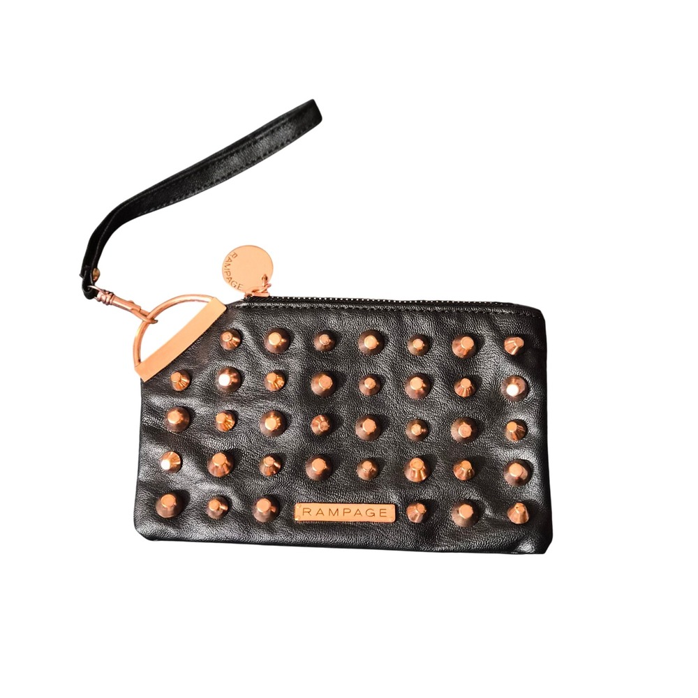 Rampage Black Studded Wristlet Clutch Rose Gold Cone Studs Edgy Punk Bag